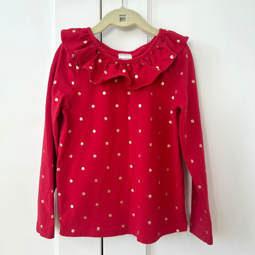 Hanna Andersson Girls Red Gold‎ Polka Dot Ruffle Long Sleeve Holiday Size 6-7